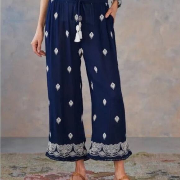 Sundance Blue & White Embroidered Boho Giselle Cropped Dream Pants Sz # 0565 - Picture 1 of 8